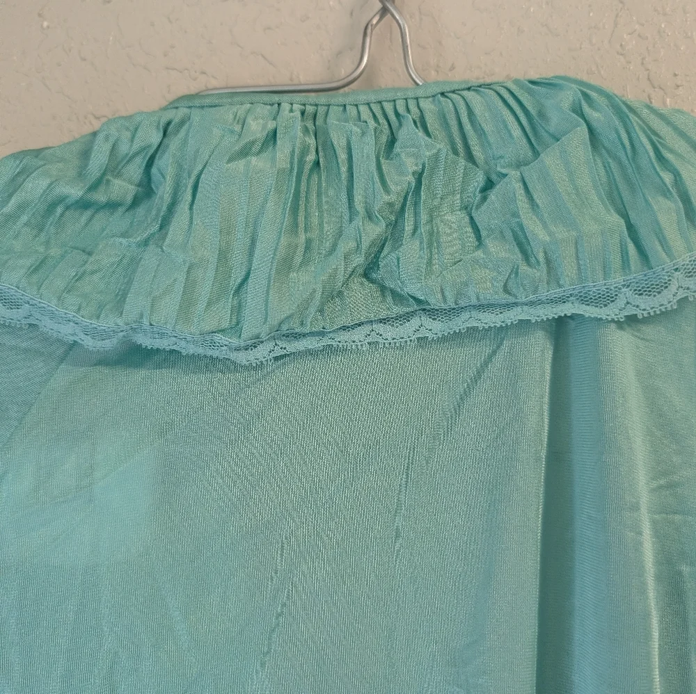Julie Two Vtg Teal Aqua Ruffled Housecoat Robe S Pockets Lace 80s 90s Coquette